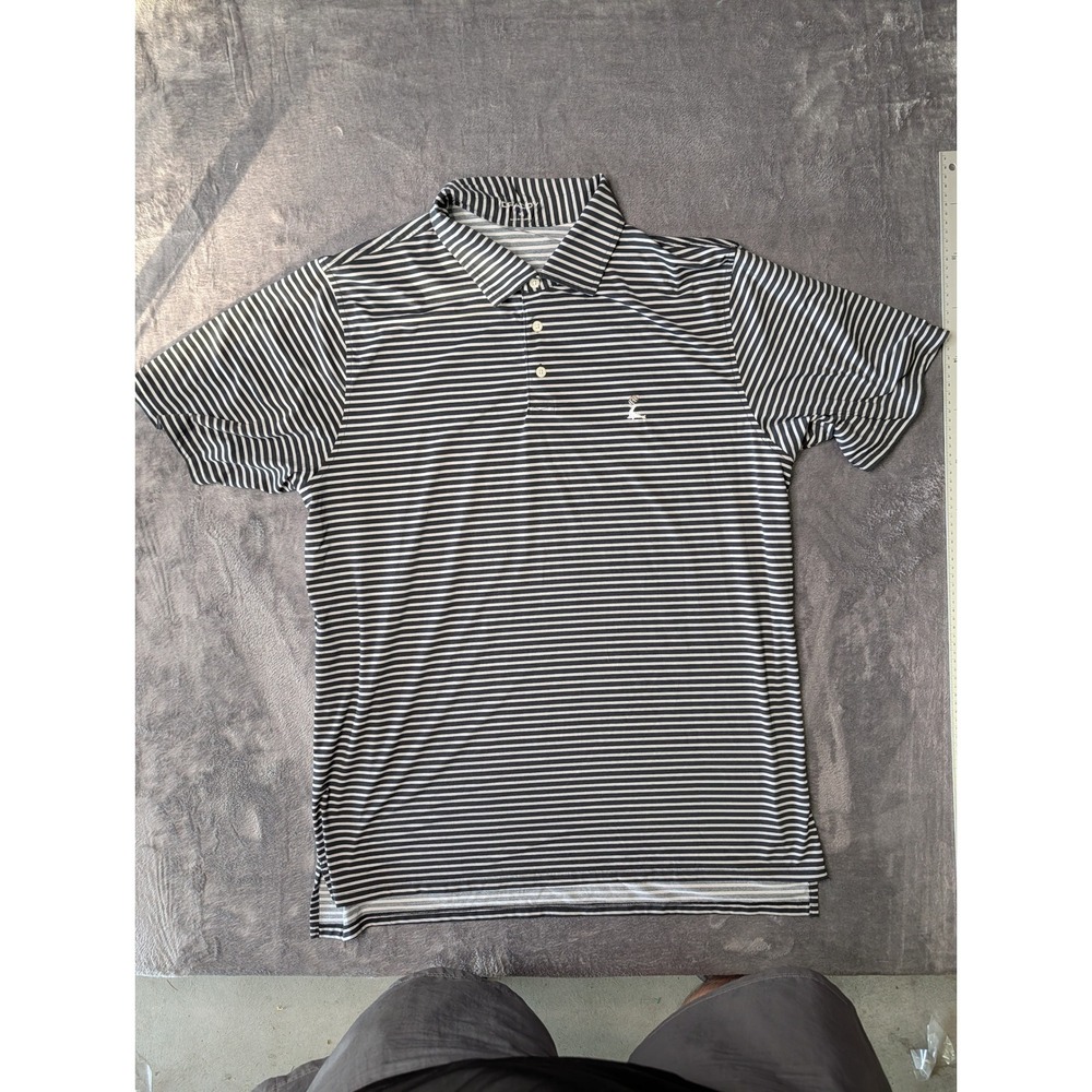 B Draddy Sport Mens XL Black Grey Striped Performance Golf Polo Shirt Seal Logo